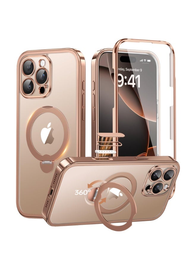 بيرفي جراب لهاتف آيفون 16 برو ماكس، متوافق مع MagSafe، مزوّد بواقي شاشة زجاج مقوّى بدرجة صلابة 9H مدمج وحامل مغناطيسي دوّار بزاوية 360 درجة، حماية كاملة للجهاز، مقاوم للصدمات، جراب شفاف لهاتف 16 برو ماكس مقاس 6.9 بوصة، ذهبي صحراوي. - Image 1